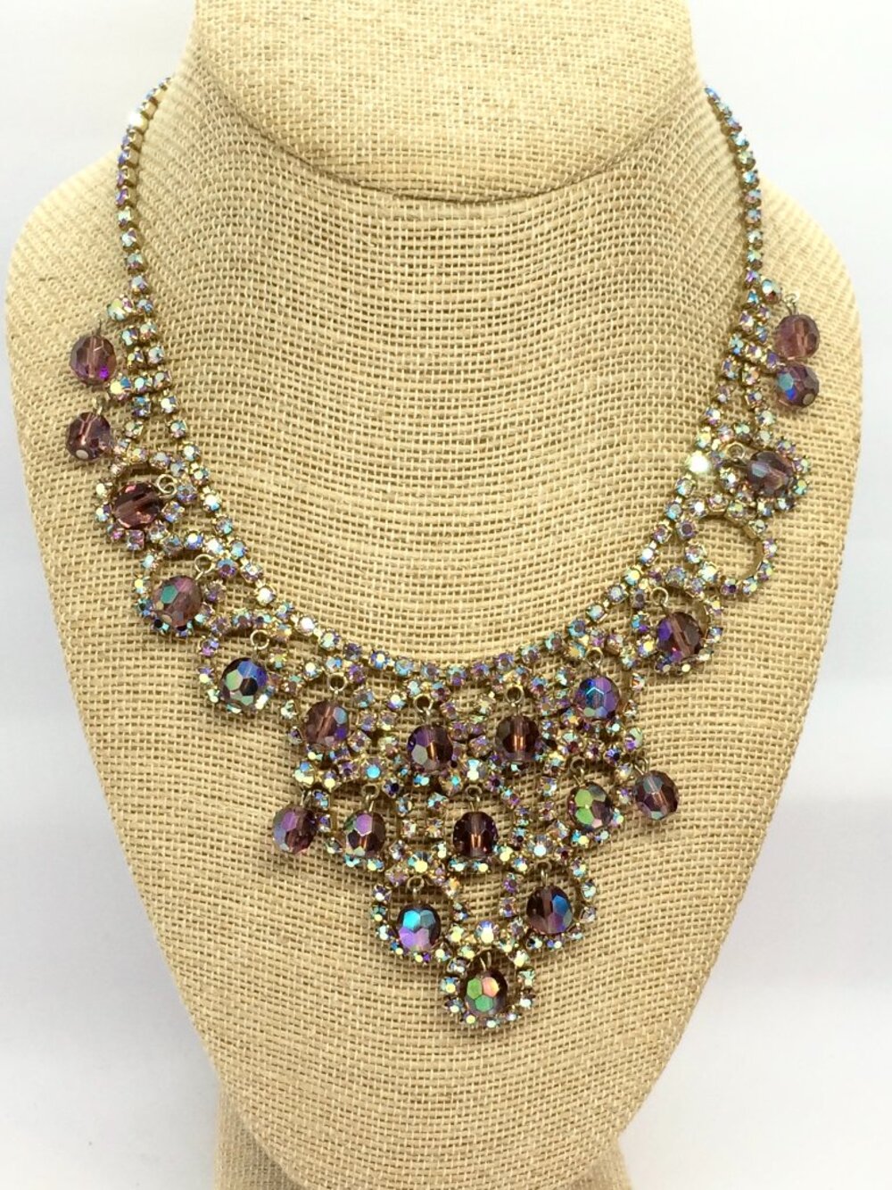 VINTAGE Purple AB Rhinestone Bib Necklace Dangle Statement Silver Tone READ